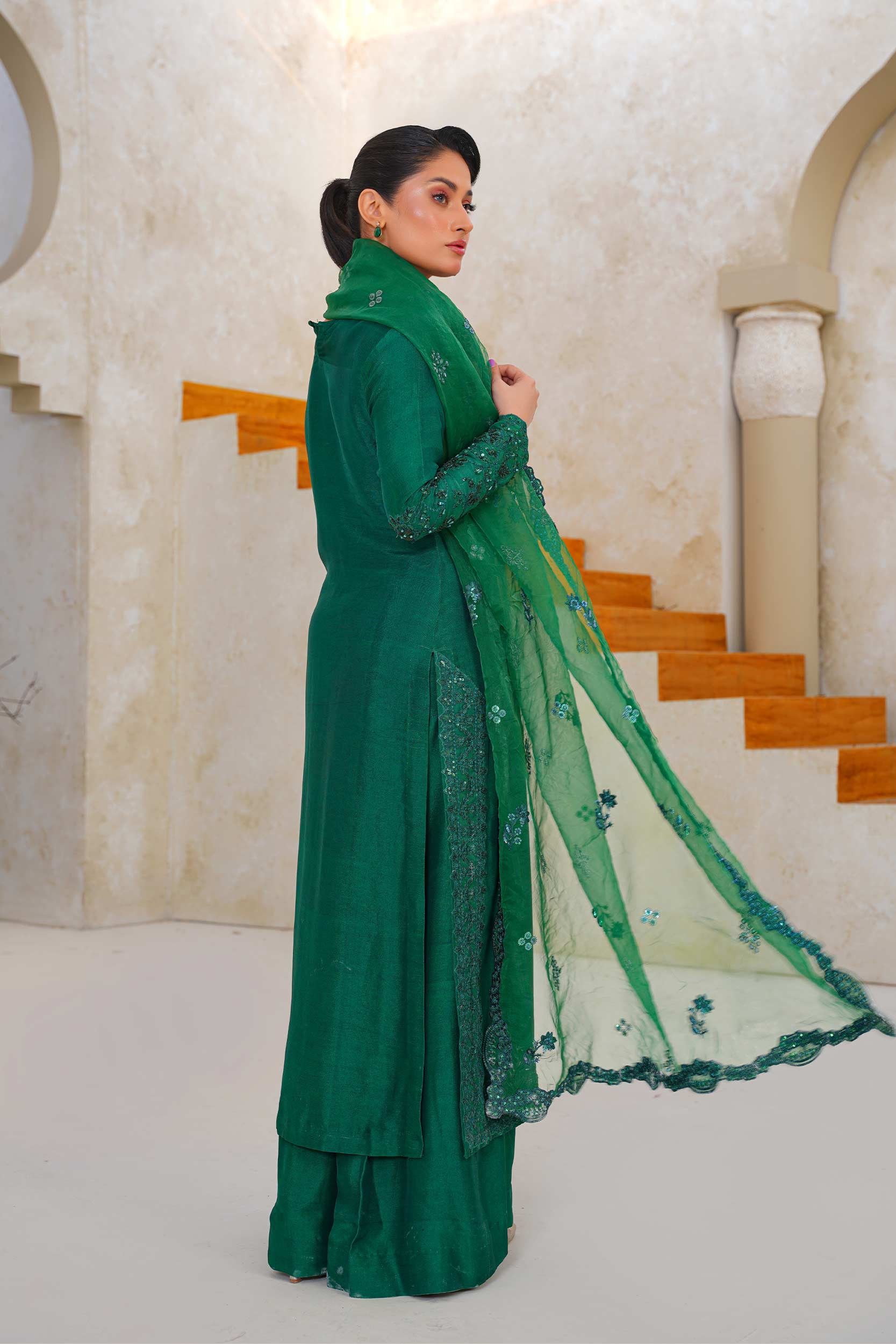 Forest Green Sequin Embroidery 3-Piece Wide-Leg Suit