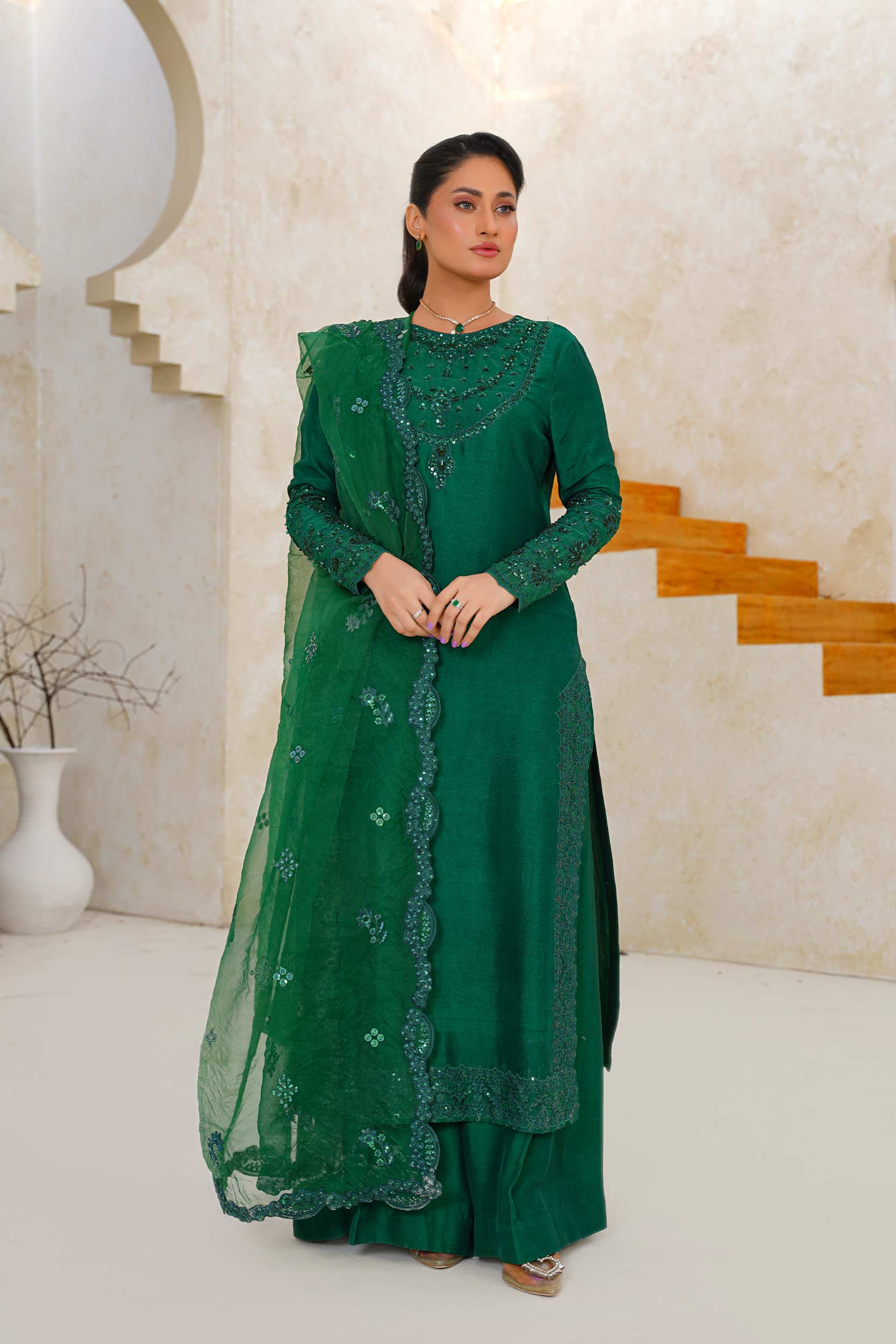 Forest Green Sequin Embroidery 3-Piece Wide-Leg Suit