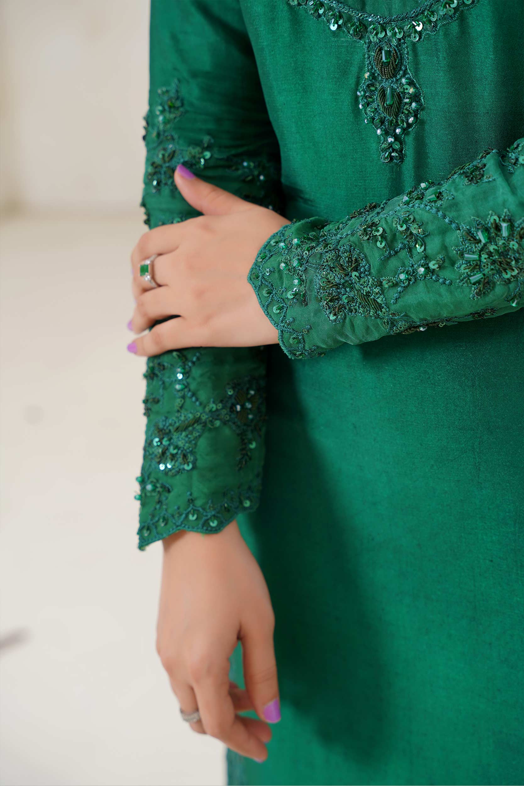 Forest Green Sequin Embroidery 3-Piece Wide-Leg Suit